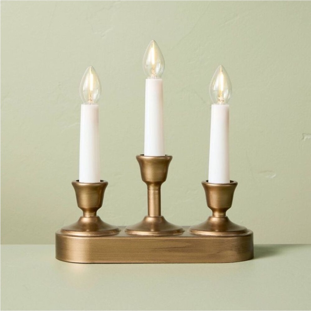 NEW! Hearth & Hand w/Magnolia 8.66" Christmas Window Flameless Candelabra, Brass